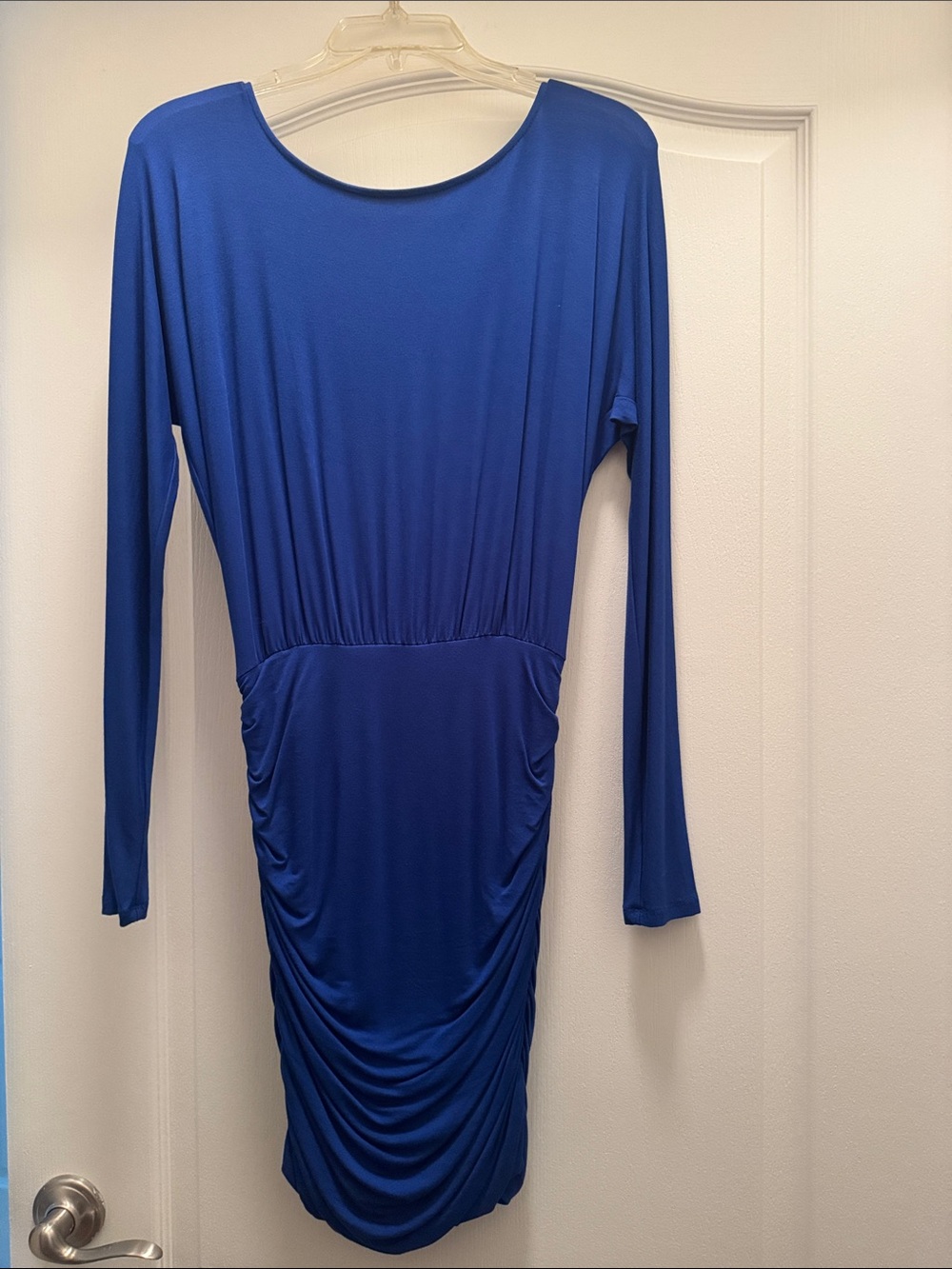 Long Sleeve Royal Blue Ruched Bodycon Dress with open back